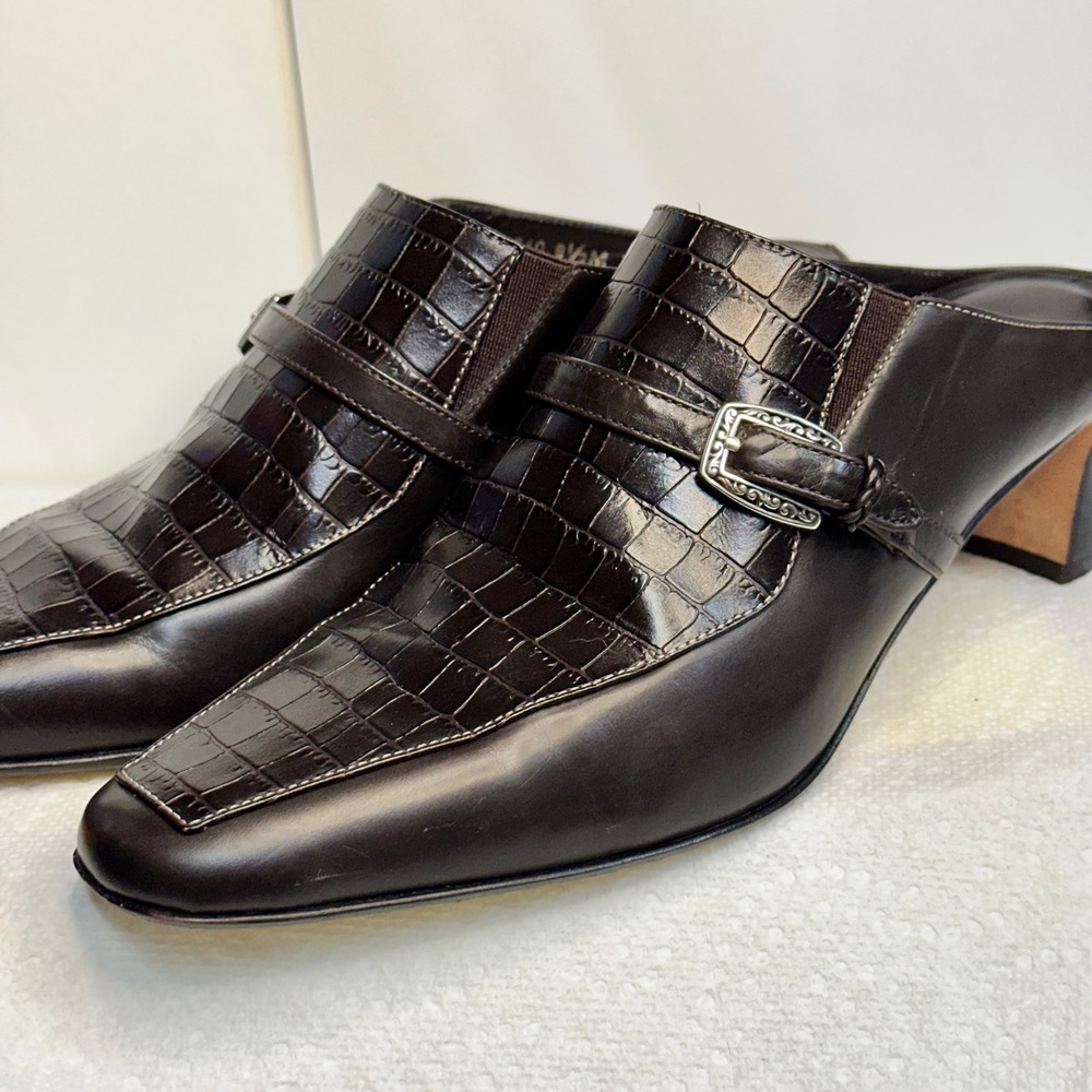 Brighton Tiana Mules Women 8.5M Brown Croc Embossed Buckle Heel Excellent - Picture 7 of 10